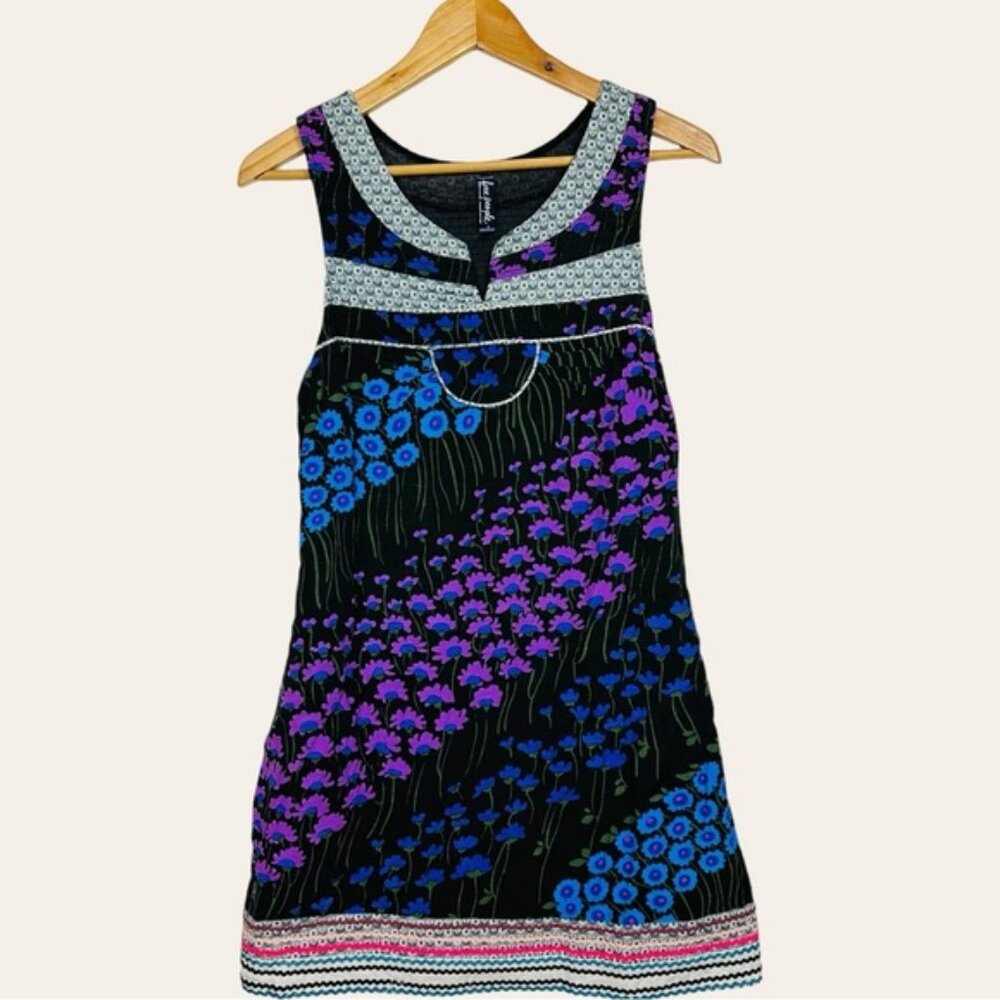 Free People 90s V Neck Floral Print Ribbon Patchwork Tunic Mini Sheath Dress S